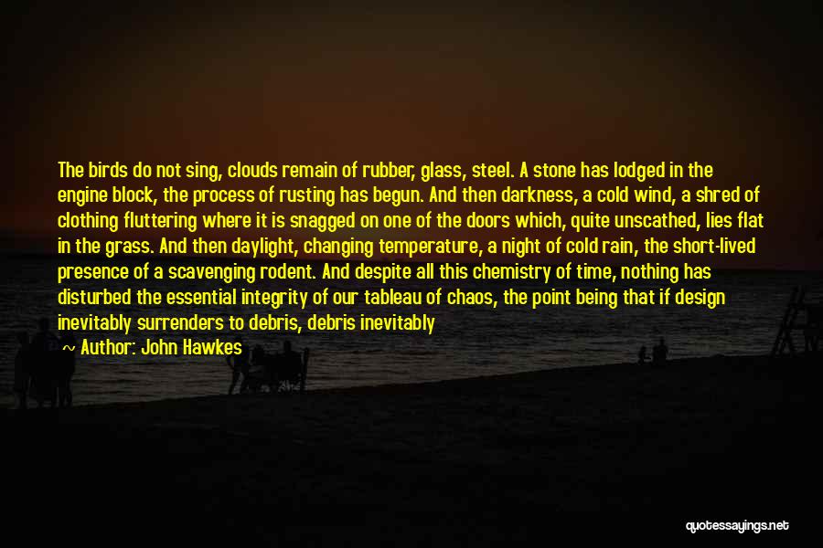 John Hawkes Quotes: The Birds Do Not Sing, Clouds Remain Of Rubber, Glass, Steel. A Stone Has Lodged In The Engine Block, The