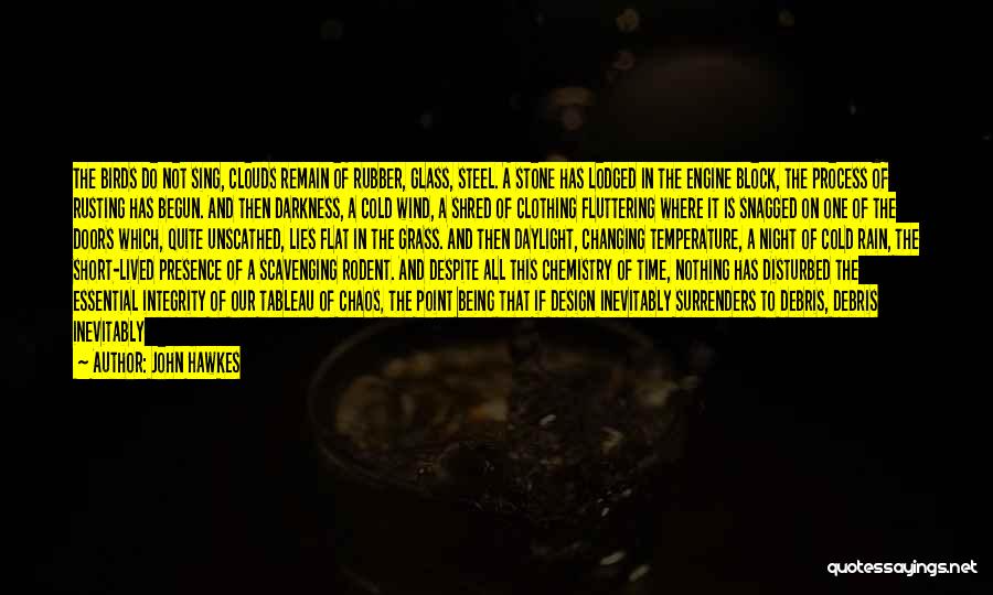 John Hawkes Quotes: The Birds Do Not Sing, Clouds Remain Of Rubber, Glass, Steel. A Stone Has Lodged In The Engine Block, The