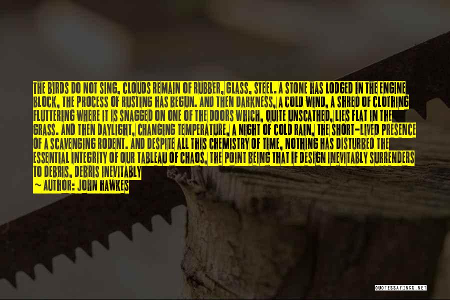 John Hawkes Quotes: The Birds Do Not Sing, Clouds Remain Of Rubber, Glass, Steel. A Stone Has Lodged In The Engine Block, The