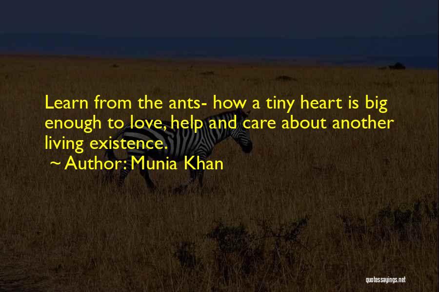 Munia Khan Quotes: Learn From The Ants- How A Tiny Heart Is Big Enough To Love, Help And Care About Another Living Existence.