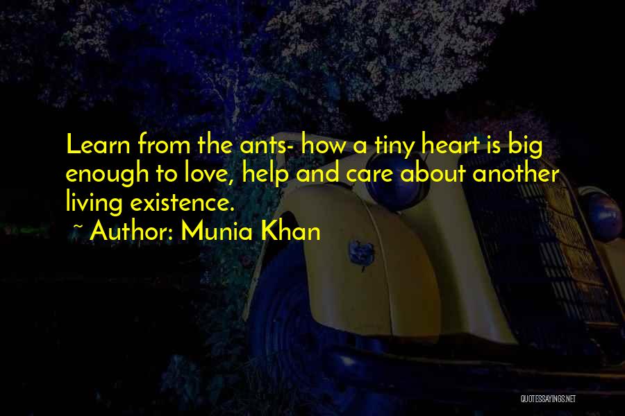 Munia Khan Quotes: Learn From The Ants- How A Tiny Heart Is Big Enough To Love, Help And Care About Another Living Existence.