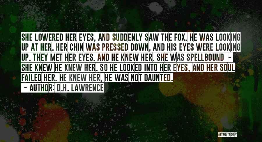 D.H. Lawrence Quotes: She Lowered Her Eyes, And Suddenly Saw The Fox. He Was Looking Up At Her. Her Chin Was Pressed Down,