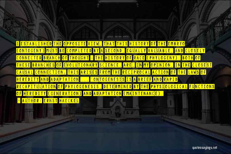 Ernst Haeckel Quotes: I Established The Opposite View, That This History Of The Embryo (ontogeny) Must Be Completed By A Second, Equally Valuable,