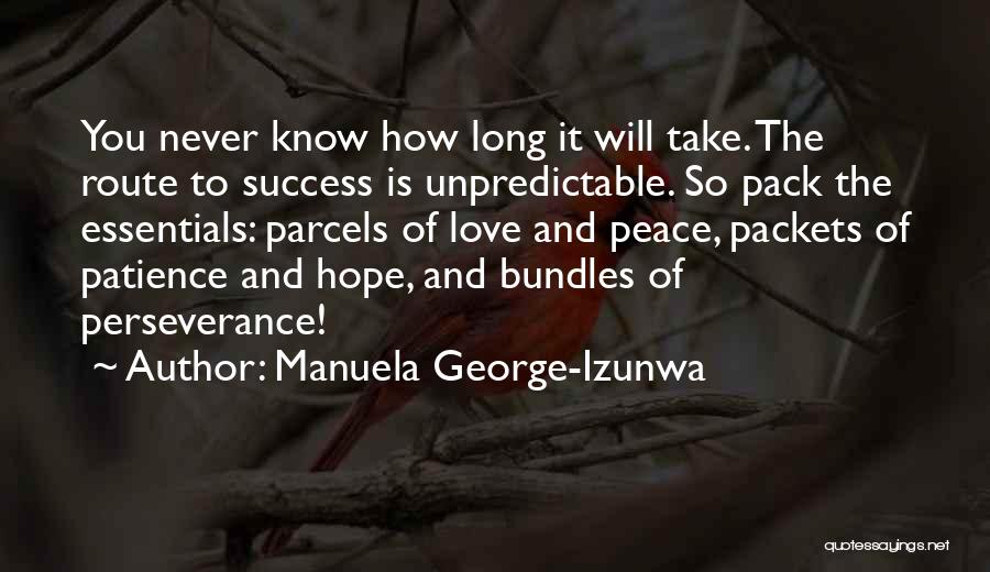 Manuela George-Izunwa Quotes: You Never Know How Long It Will Take. The Route To Success Is Unpredictable. So Pack The Essentials: Parcels Of