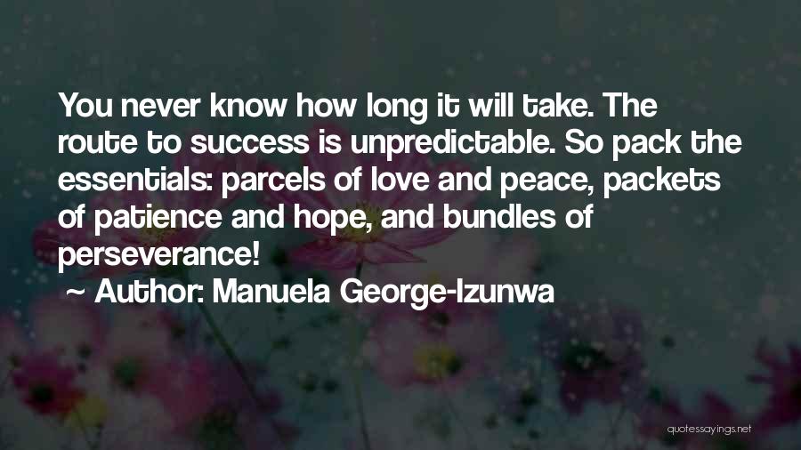 Manuela George-Izunwa Quotes: You Never Know How Long It Will Take. The Route To Success Is Unpredictable. So Pack The Essentials: Parcels Of