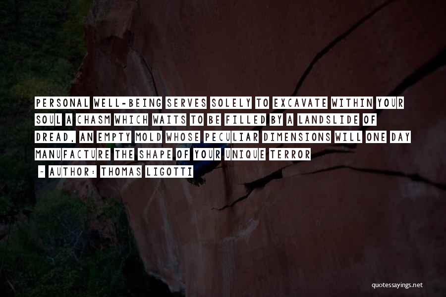 Thomas Ligotti Quotes: Personal Well-being Serves Solely To Excavate Within Your Soul A Chasm Which Waits To Be Filled By A Landslide Of