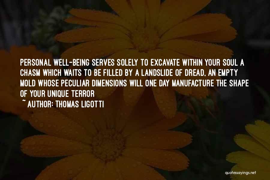 Thomas Ligotti Quotes: Personal Well-being Serves Solely To Excavate Within Your Soul A Chasm Which Waits To Be Filled By A Landslide Of