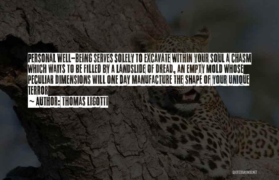 Thomas Ligotti Quotes: Personal Well-being Serves Solely To Excavate Within Your Soul A Chasm Which Waits To Be Filled By A Landslide Of