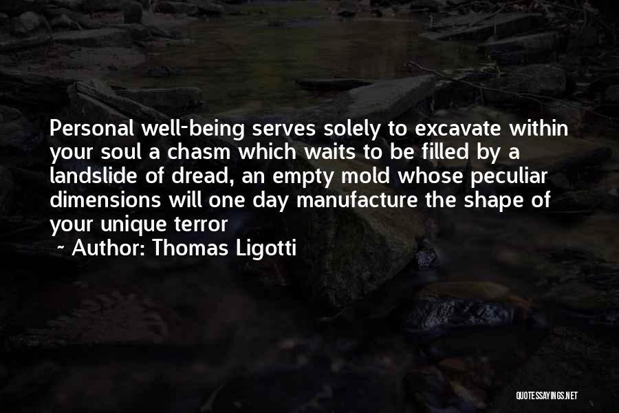 Thomas Ligotti Quotes: Personal Well-being Serves Solely To Excavate Within Your Soul A Chasm Which Waits To Be Filled By A Landslide Of