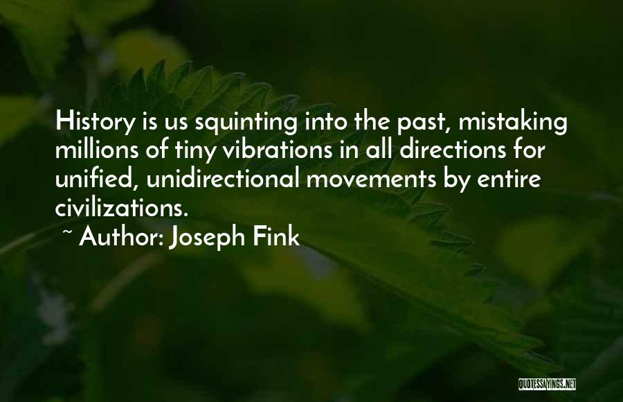 Joseph Fink Quotes: History Is Us Squinting Into The Past, Mistaking Millions Of Tiny Vibrations In All Directions For Unified, Unidirectional Movements By