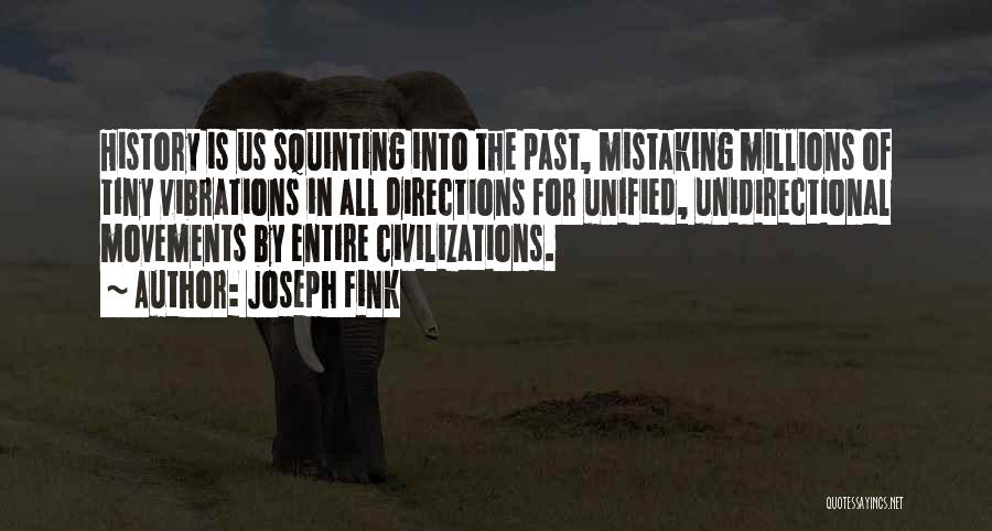 Joseph Fink Quotes: History Is Us Squinting Into The Past, Mistaking Millions Of Tiny Vibrations In All Directions For Unified, Unidirectional Movements By