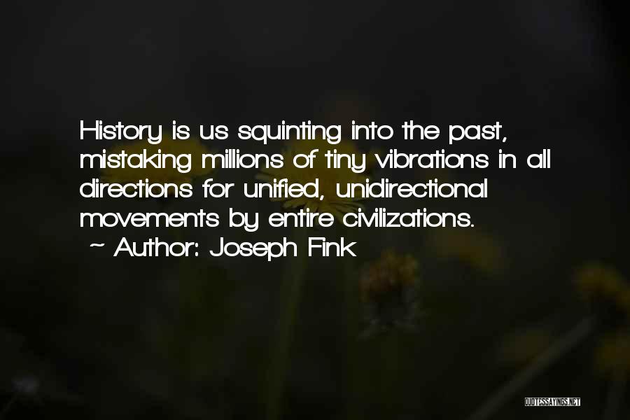 Joseph Fink Quotes: History Is Us Squinting Into The Past, Mistaking Millions Of Tiny Vibrations In All Directions For Unified, Unidirectional Movements By