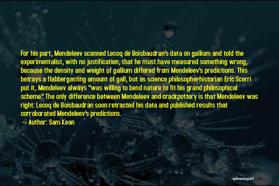 Sam Kean Quotes: For His Part, Mendeleev Scanned Lecoq De Boisbaudran's Data On Gallium And Told The Experimentalist, With No Justification, That He