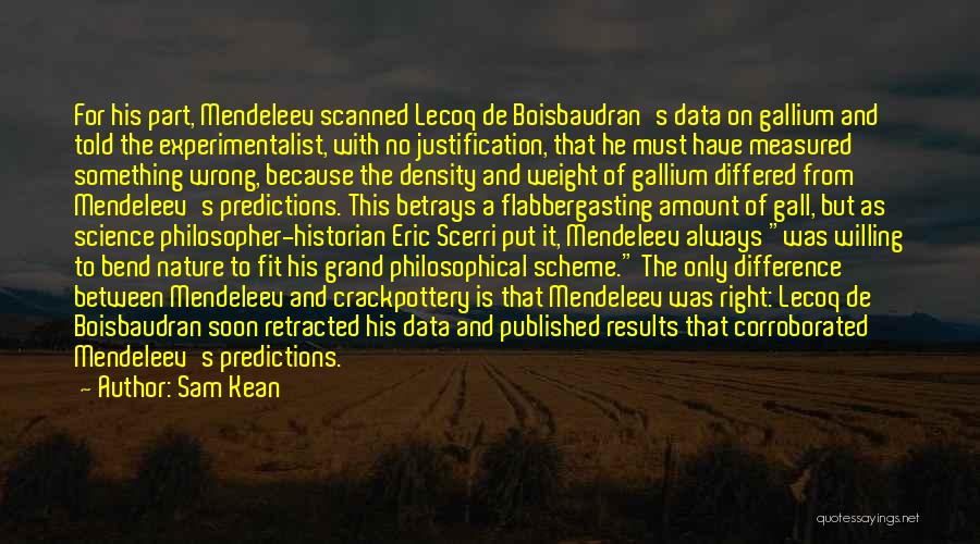 Sam Kean Quotes: For His Part, Mendeleev Scanned Lecoq De Boisbaudran's Data On Gallium And Told The Experimentalist, With No Justification, That He