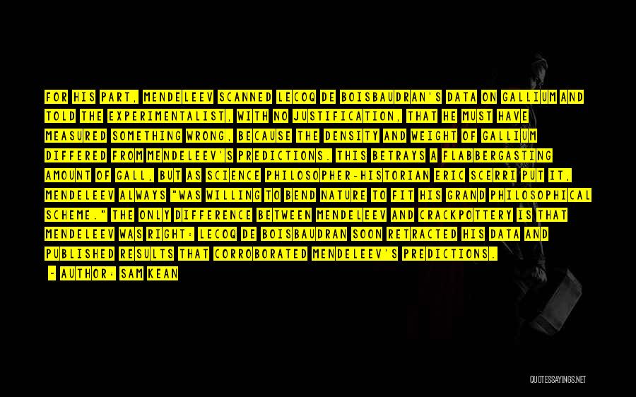Sam Kean Quotes: For His Part, Mendeleev Scanned Lecoq De Boisbaudran's Data On Gallium And Told The Experimentalist, With No Justification, That He