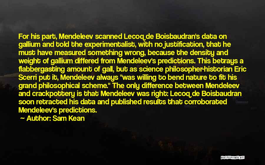 Sam Kean Quotes: For His Part, Mendeleev Scanned Lecoq De Boisbaudran's Data On Gallium And Told The Experimentalist, With No Justification, That He
