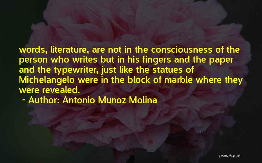 Antonio Munoz Molina Quotes: Words, Literature, Are Not In The Consciousness Of The Person Who Writes But In His Fingers And The Paper And