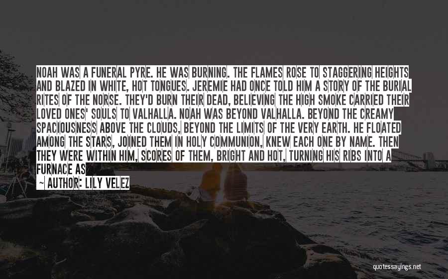 Lily Velez Quotes: Noah Was A Funeral Pyre. He Was Burning. The Flames Rose To Staggering Heights And Blazed In White, Hot Tongues.