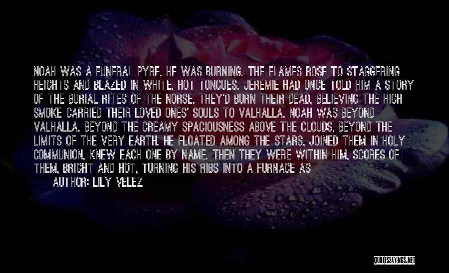 Lily Velez Quotes: Noah Was A Funeral Pyre. He Was Burning. The Flames Rose To Staggering Heights And Blazed In White, Hot Tongues.