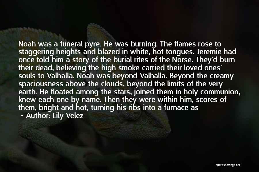 Lily Velez Quotes: Noah Was A Funeral Pyre. He Was Burning. The Flames Rose To Staggering Heights And Blazed In White, Hot Tongues.