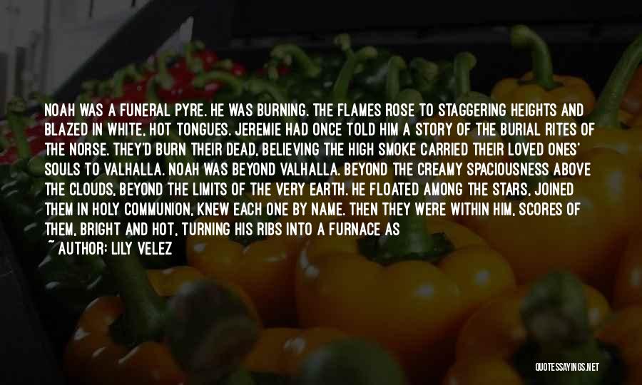 Lily Velez Quotes: Noah Was A Funeral Pyre. He Was Burning. The Flames Rose To Staggering Heights And Blazed In White, Hot Tongues.