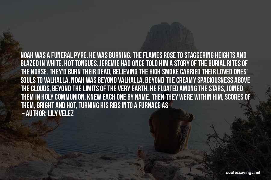 Lily Velez Quotes: Noah Was A Funeral Pyre. He Was Burning. The Flames Rose To Staggering Heights And Blazed In White, Hot Tongues.