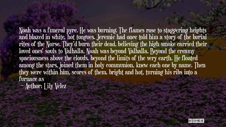 Lily Velez Quotes: Noah Was A Funeral Pyre. He Was Burning. The Flames Rose To Staggering Heights And Blazed In White, Hot Tongues.