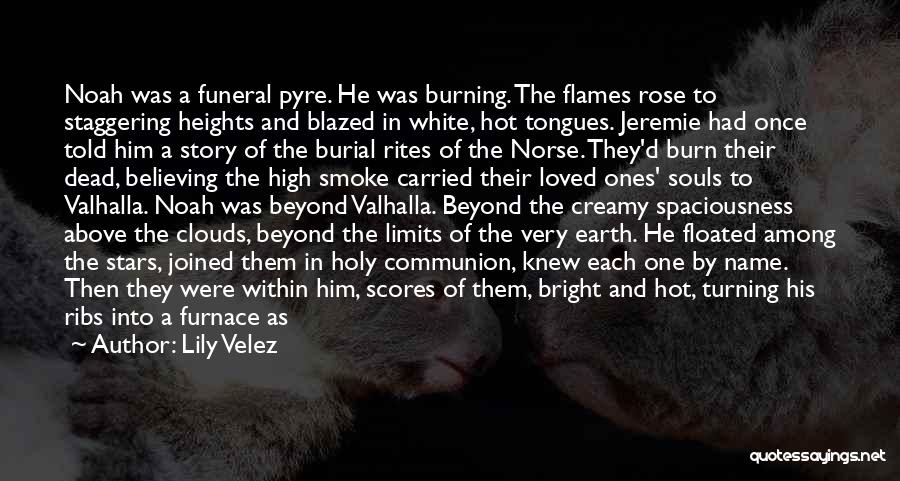 Lily Velez Quotes: Noah Was A Funeral Pyre. He Was Burning. The Flames Rose To Staggering Heights And Blazed In White, Hot Tongues.