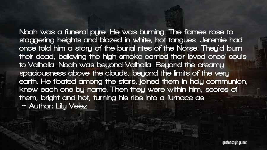 Lily Velez Quotes: Noah Was A Funeral Pyre. He Was Burning. The Flames Rose To Staggering Heights And Blazed In White, Hot Tongues.