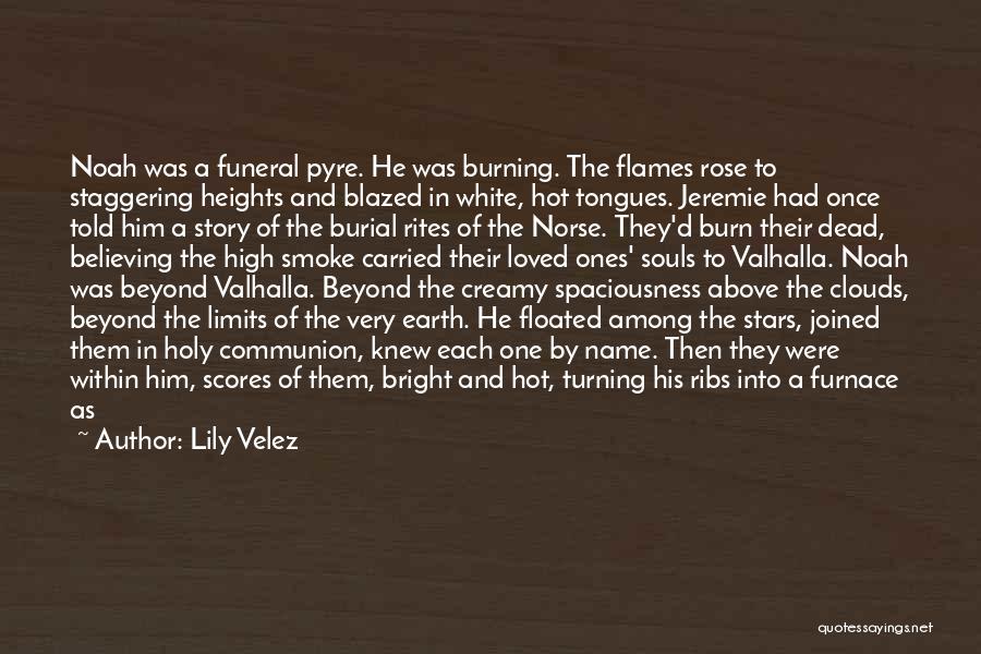Lily Velez Quotes: Noah Was A Funeral Pyre. He Was Burning. The Flames Rose To Staggering Heights And Blazed In White, Hot Tongues.