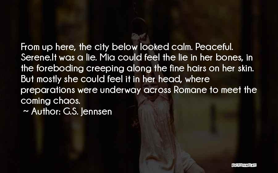 G.S. Jennsen Quotes: From Up Here, The City Below Looked Calm. Peaceful. Serene.it Was A Lie. Mia Could Feel The Lie In Her