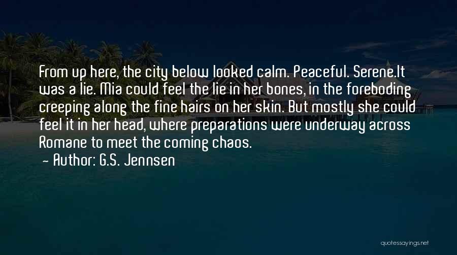 G.S. Jennsen Quotes: From Up Here, The City Below Looked Calm. Peaceful. Serene.it Was A Lie. Mia Could Feel The Lie In Her