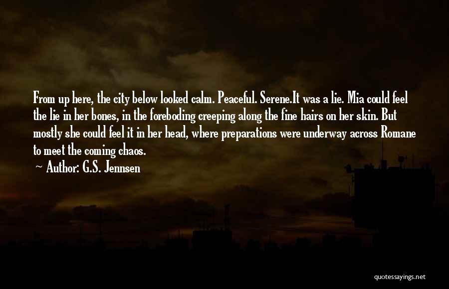 G.S. Jennsen Quotes: From Up Here, The City Below Looked Calm. Peaceful. Serene.it Was A Lie. Mia Could Feel The Lie In Her