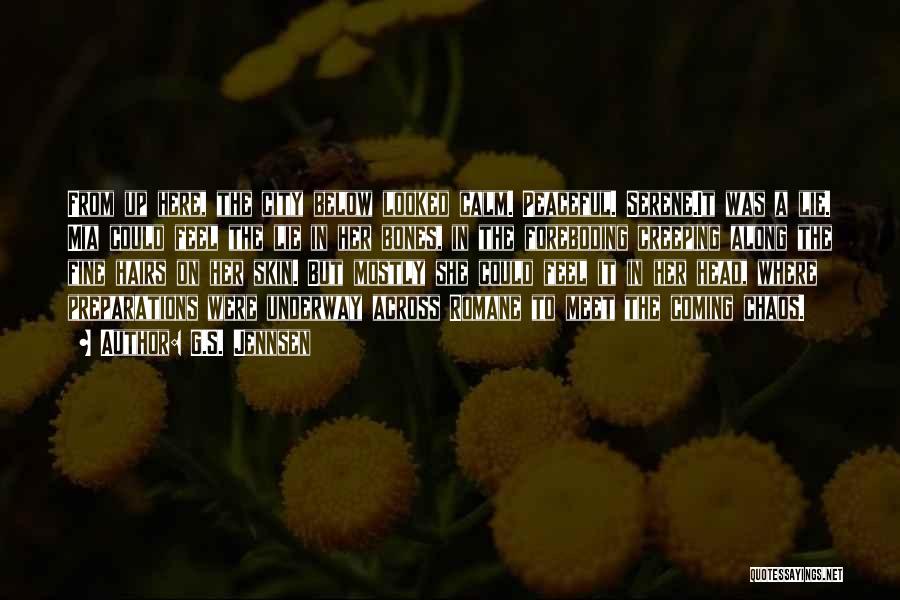 G.S. Jennsen Quotes: From Up Here, The City Below Looked Calm. Peaceful. Serene.it Was A Lie. Mia Could Feel The Lie In Her