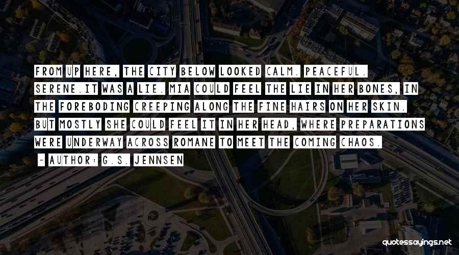 G.S. Jennsen Quotes: From Up Here, The City Below Looked Calm. Peaceful. Serene.it Was A Lie. Mia Could Feel The Lie In Her