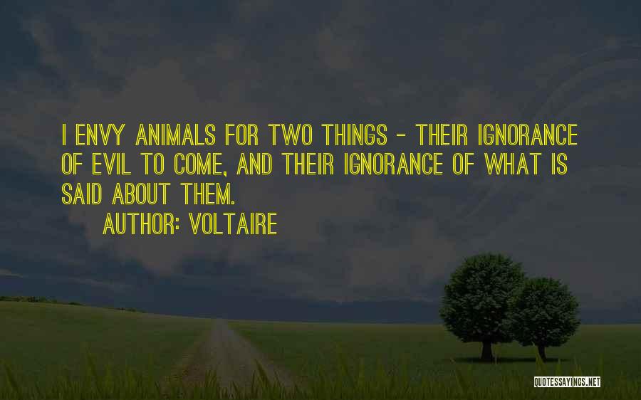 Voltaire Quotes: I Envy Animals For Two Things - Their Ignorance Of Evil To Come, And Their Ignorance Of What Is Said