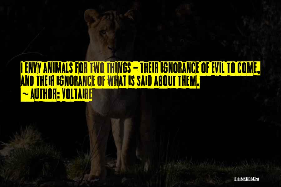 Voltaire Quotes: I Envy Animals For Two Things - Their Ignorance Of Evil To Come, And Their Ignorance Of What Is Said