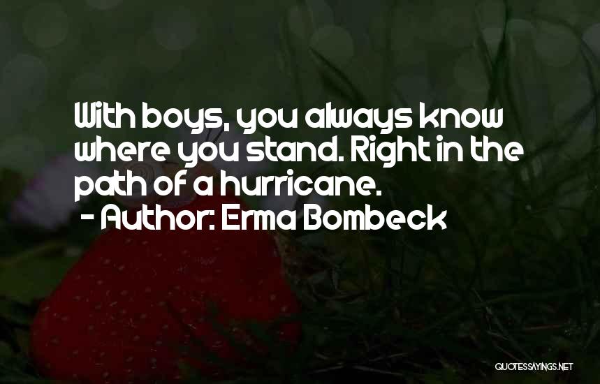 Erma Bombeck Quotes: With Boys, You Always Know Where You Stand. Right In The Path Of A Hurricane.