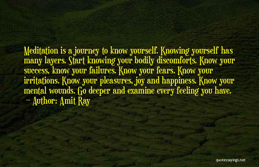 Amit Ray Quotes: Meditation Is A Journey To Know Yourself. Knowing Yourself Has Many Layers. Start Knowing Your Bodily Discomforts. Know Your Success,