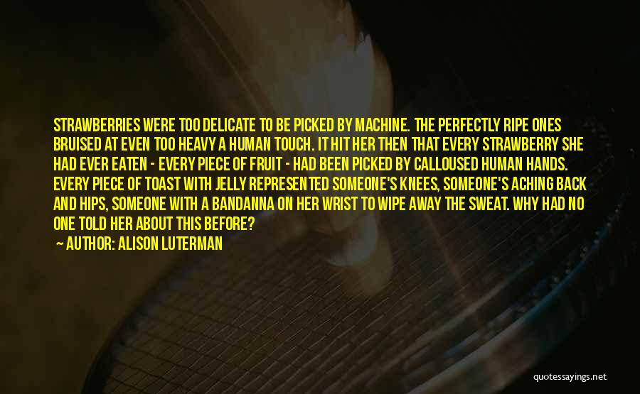 Alison Luterman Quotes: Strawberries Were Too Delicate To Be Picked By Machine. The Perfectly Ripe Ones Bruised At Even Too Heavy A Human