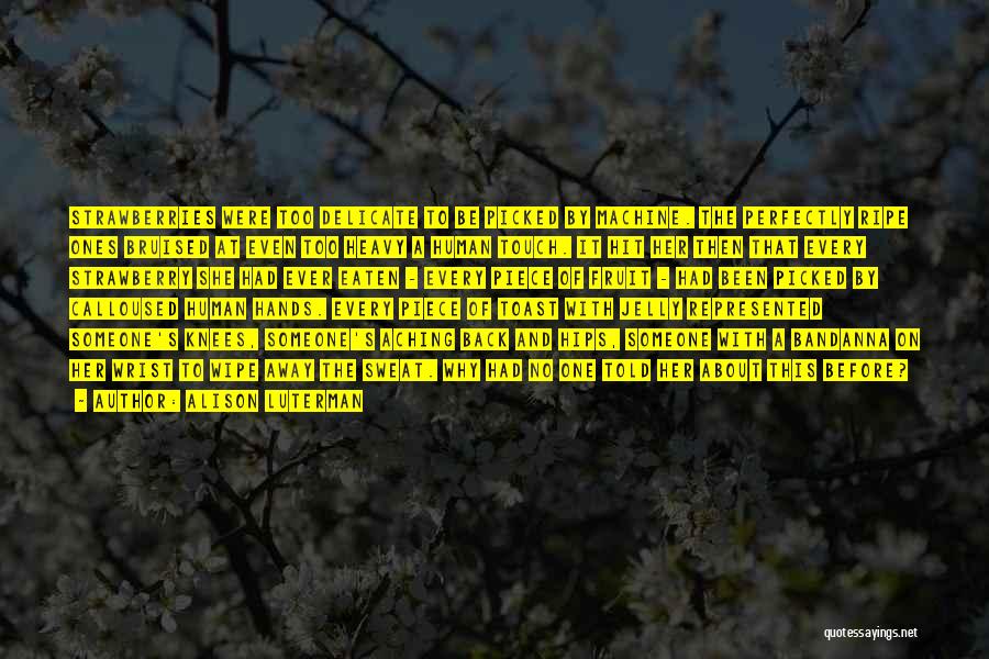 Alison Luterman Quotes: Strawberries Were Too Delicate To Be Picked By Machine. The Perfectly Ripe Ones Bruised At Even Too Heavy A Human