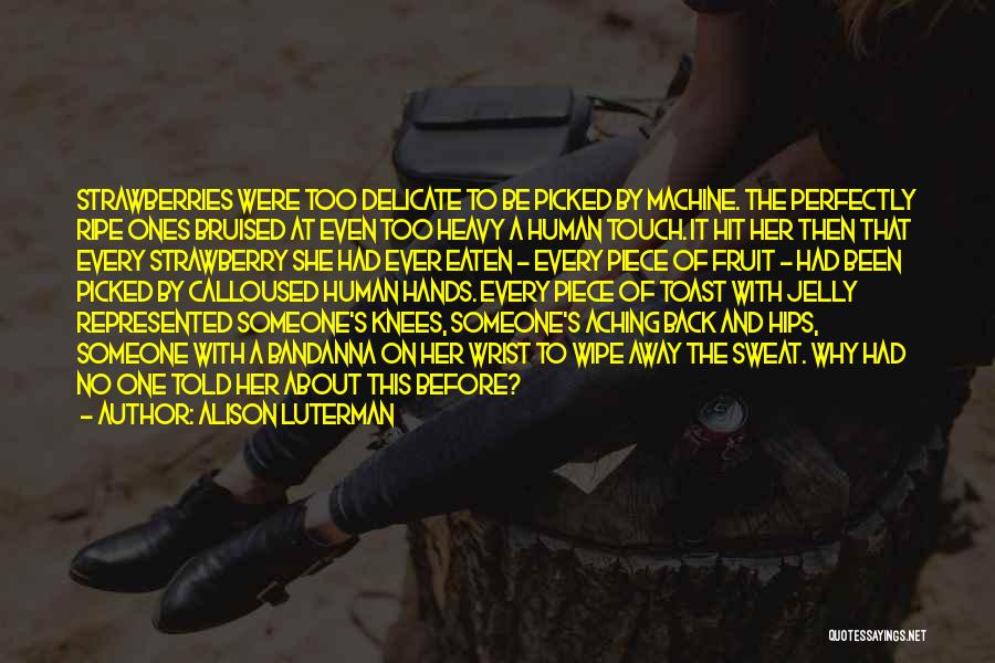 Alison Luterman Quotes: Strawberries Were Too Delicate To Be Picked By Machine. The Perfectly Ripe Ones Bruised At Even Too Heavy A Human