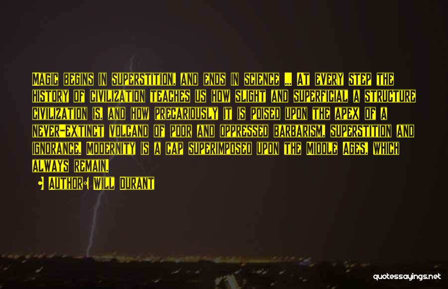 Will Durant Quotes: Magic Begins In Superstition, And Ends In Science ... At Every Step The History Of Civilization Teaches Us How Slight