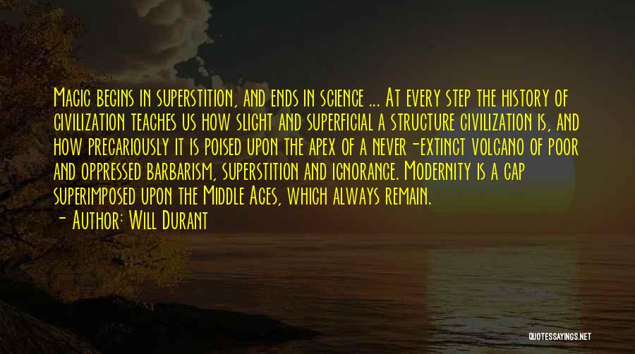 Will Durant Quotes: Magic Begins In Superstition, And Ends In Science ... At Every Step The History Of Civilization Teaches Us How Slight