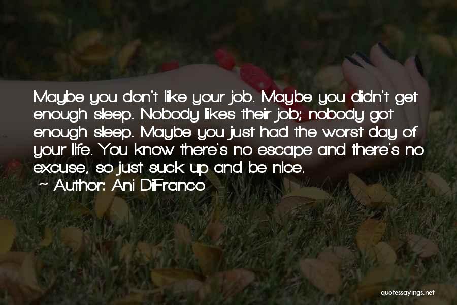 Ani DiFranco Quotes: Maybe You Don't Like Your Job. Maybe You Didn't Get Enough Sleep. Nobody Likes Their Job; Nobody Got Enough Sleep.